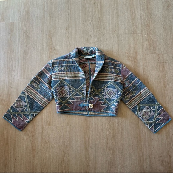Vintage Jackets & Blazers - Vintage 90s Aztec Cropped Blazer Cardigan Button Closure Jacket 100% Cotton